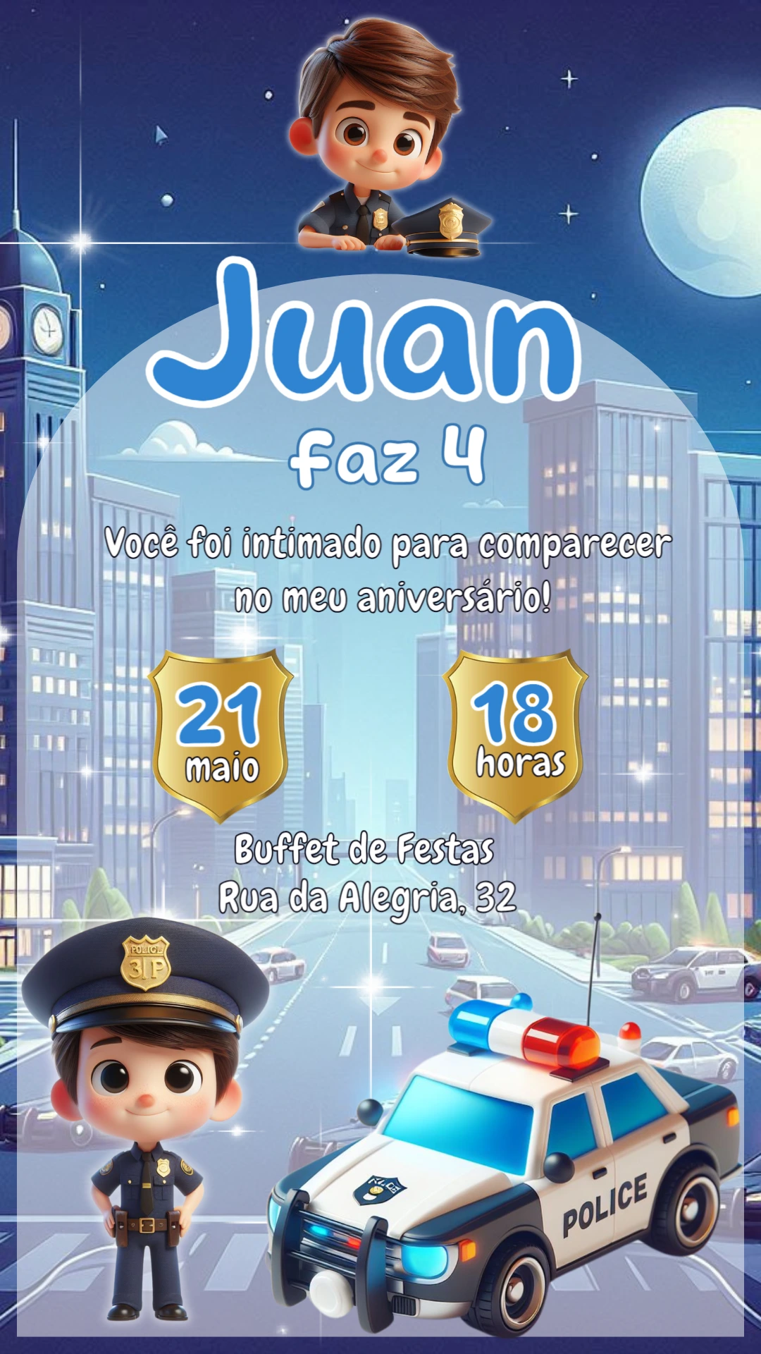 Convite de Aniversário Policial Infantil para Editar Online