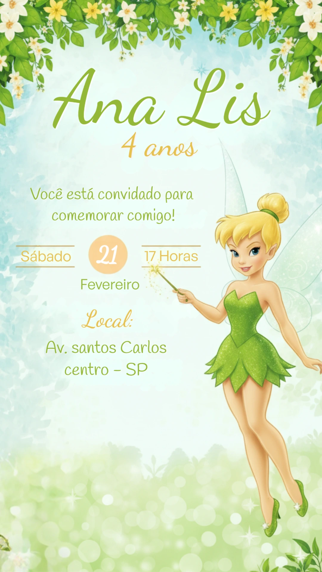Convite de Aniversário Infantil Tema Sininho Editável Online
