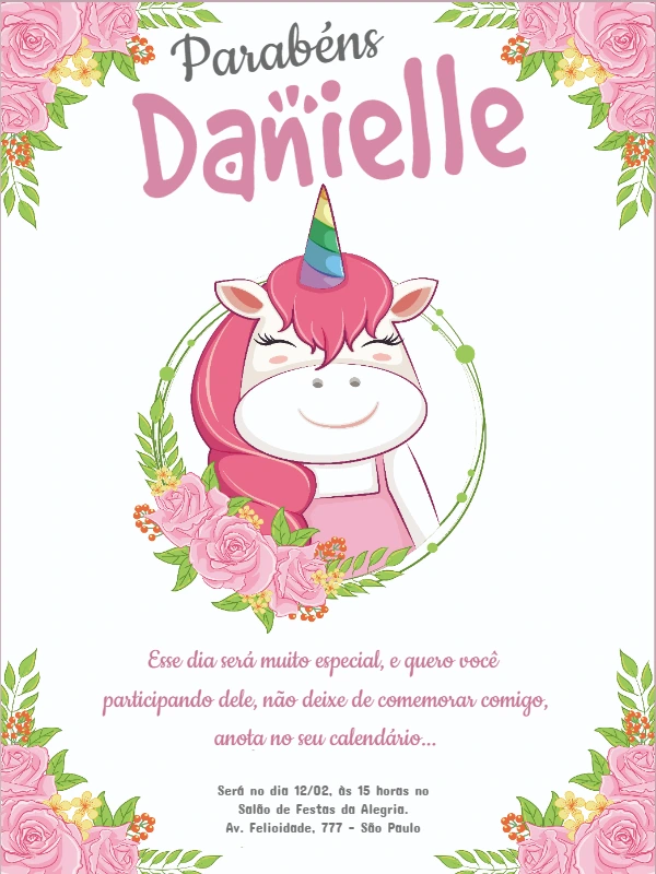 Convite de Aniversário Unicórnio Floral para Editar Online