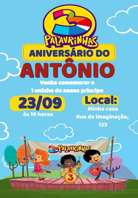 Convite Aniversário 3 Palavrinhas para Editar Online