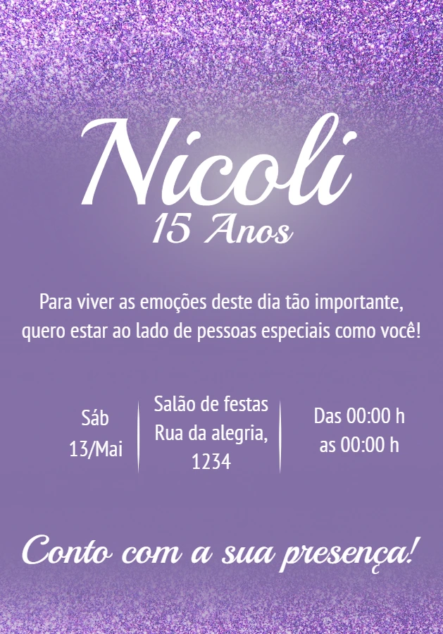 Convite de 15 Anos Roxo com Glitter para Editar Online