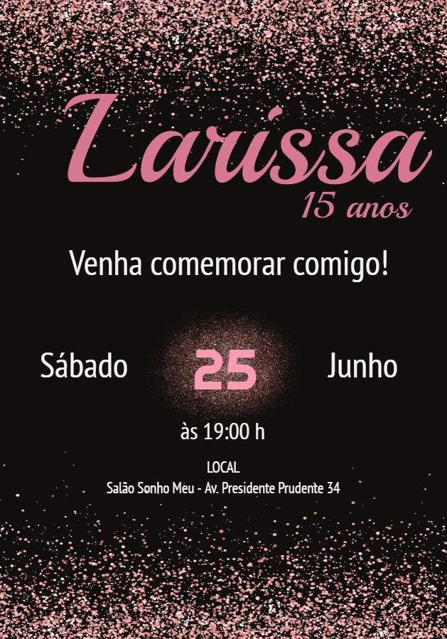 Convite 15 anos Glitter Rosa e Preto para Editar Online