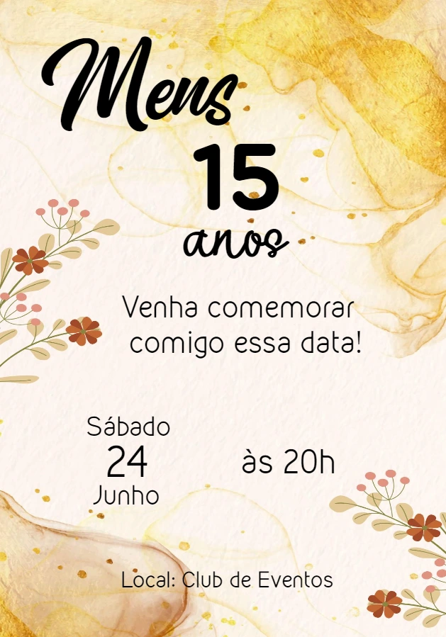 Convite de 15 Anos Dourado e Floral para Editar Online