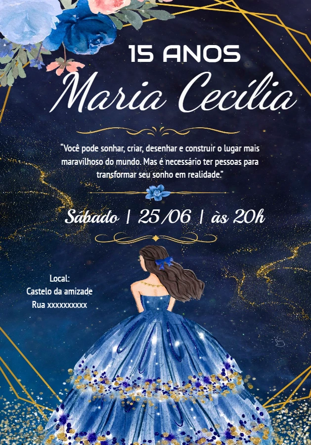 Convite 15 Anos Princesa Azul e Dourado para Editar Online