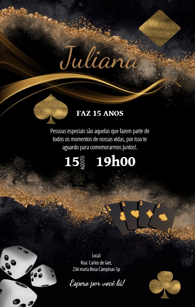 Convite de 15 Anos Tema Cassino Dourado para Editar Online