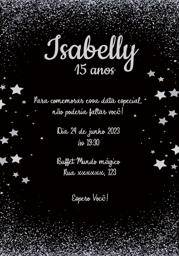 Convite 15 Anos Glitter Prata e Estrelas para Editar Online