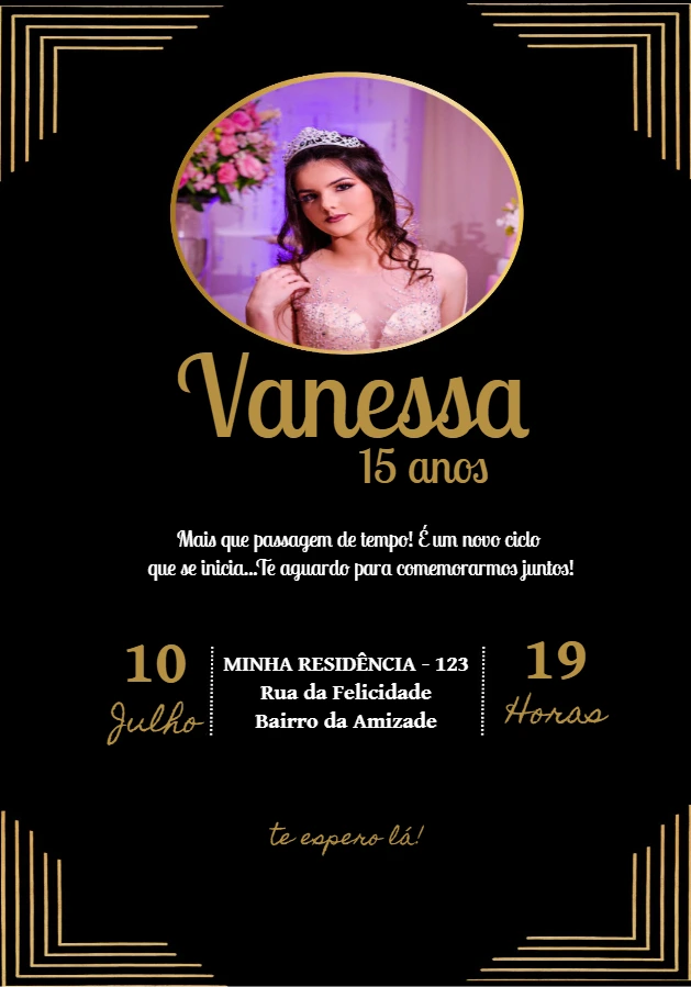 Convite 15 Anos Preto e Dourado com Foto para Editar Online
