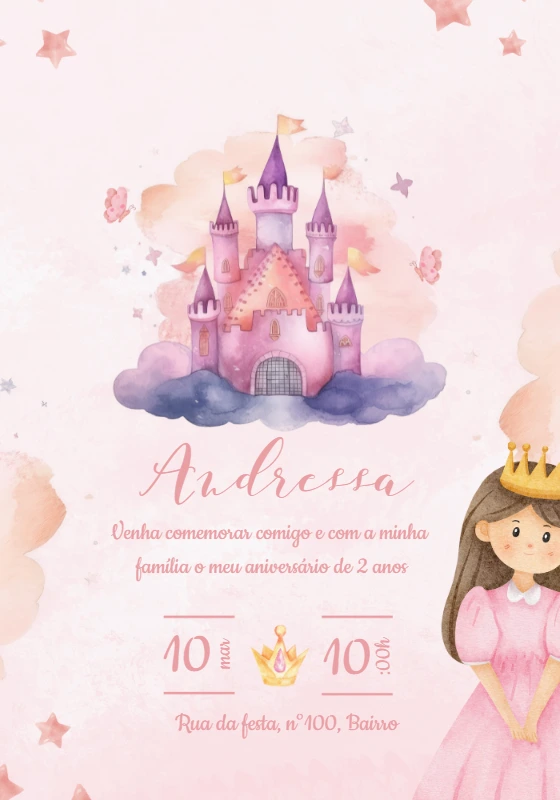 Convite Aniversário Princesa com Castelo para Editar Online