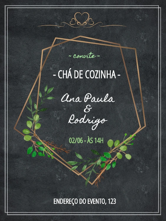 Convite Chá de Cozinha Quadro Negro com Folhas para Editar