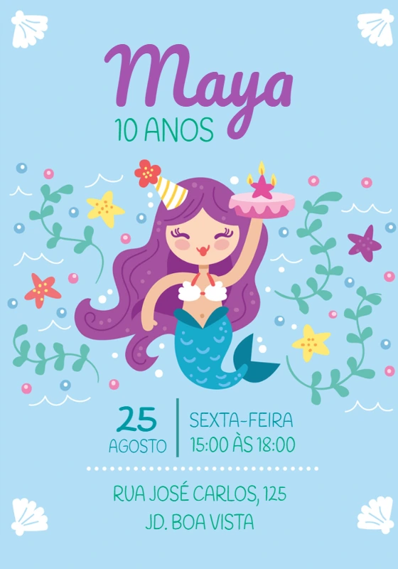 Convite de Aniversário Sereia para Editar e Imprimir