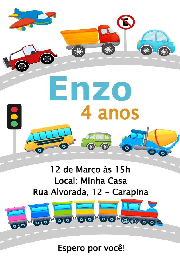 Convite Aniversário Carrinhos e Transportes para Editar Online