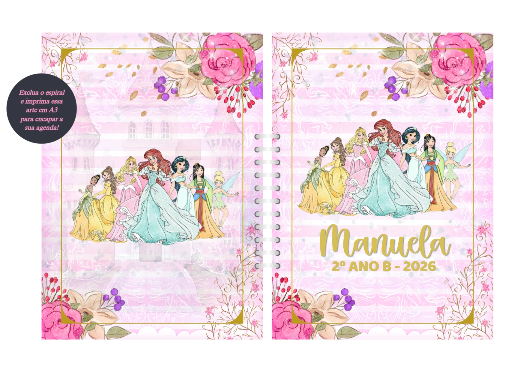Capa de Agenda Princesas Disney Aquarela para Editar Online
