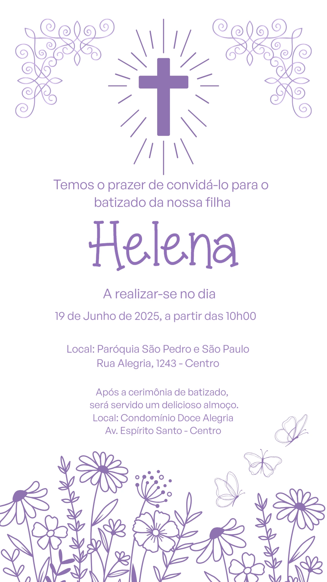 Modelo de Convite para Batizado Menina Lilás e Floral Editável