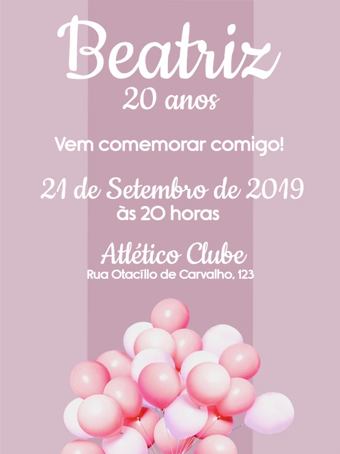 Convite de Aniversário Rosa com Balões para Editar Online