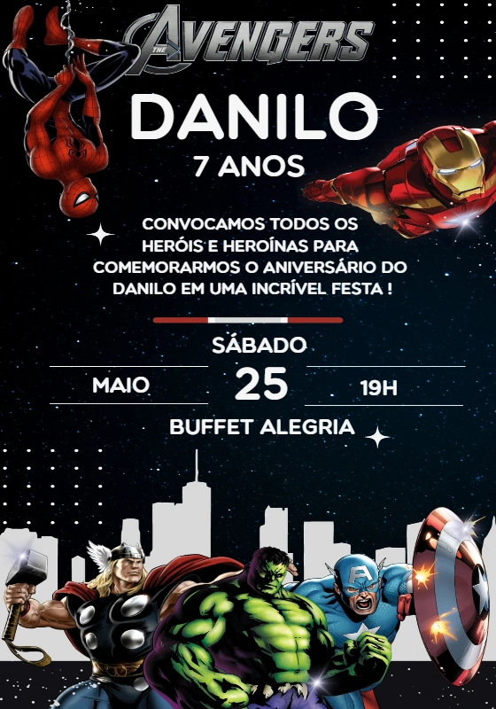 Convite de Aniversário Vingadores com Heróis para Editar