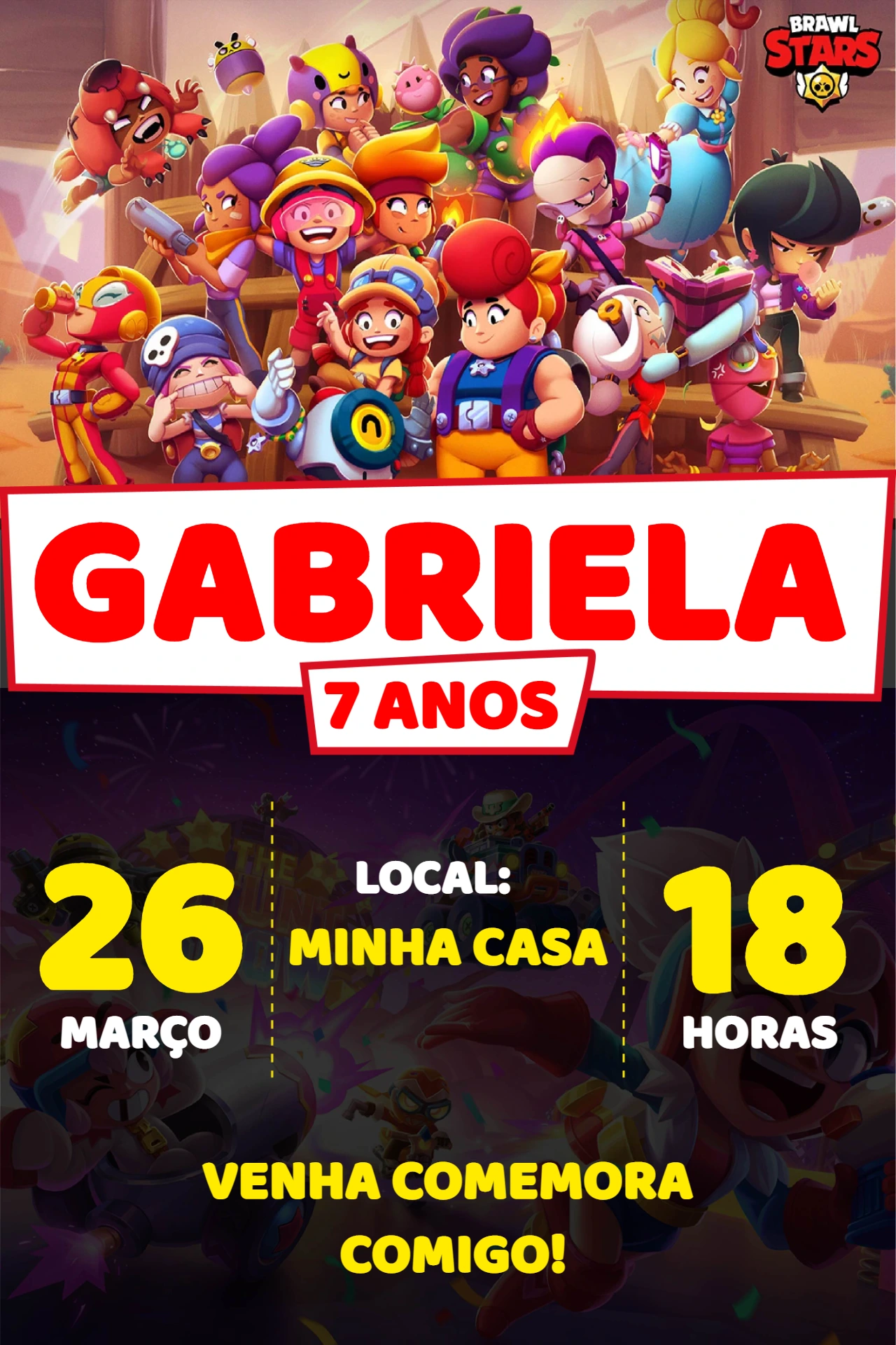 Convite de Aniversário Brawl Stars com Personagens para Editar
