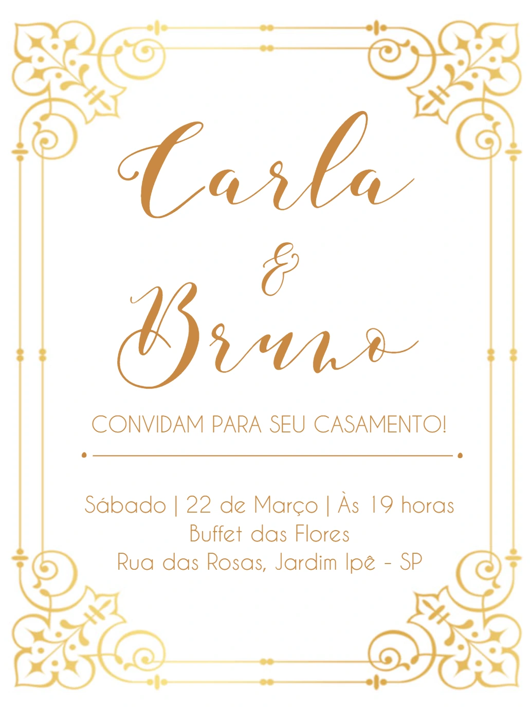 Convite de Casamento Elegante com Arabescos Dourados para Editar