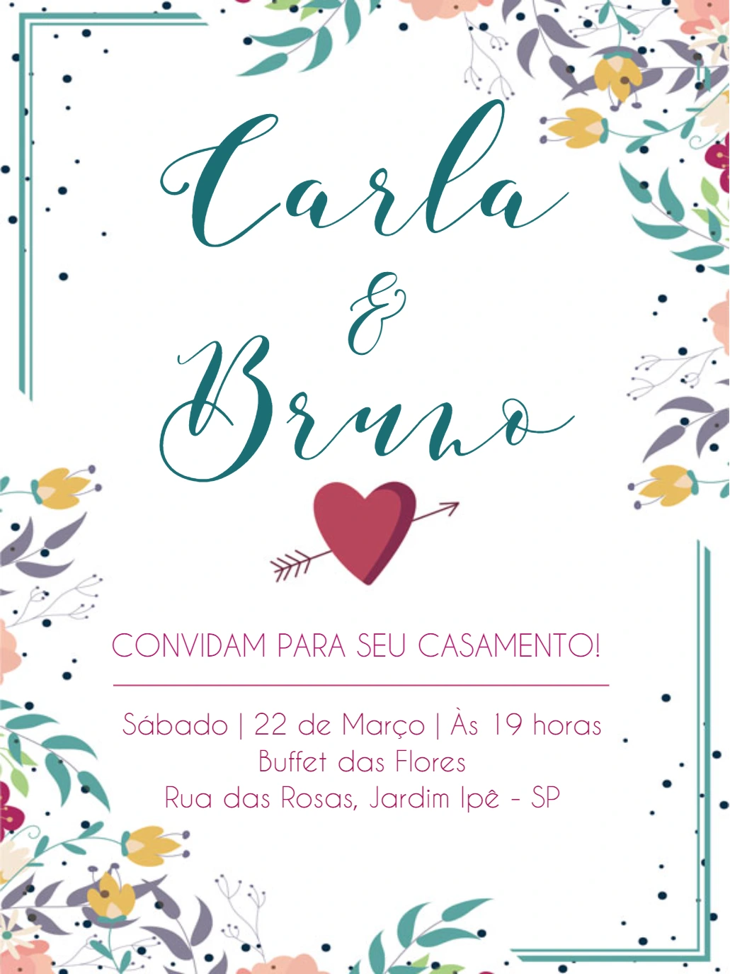 Convite de Casamento Floral Colorido para Editar Online