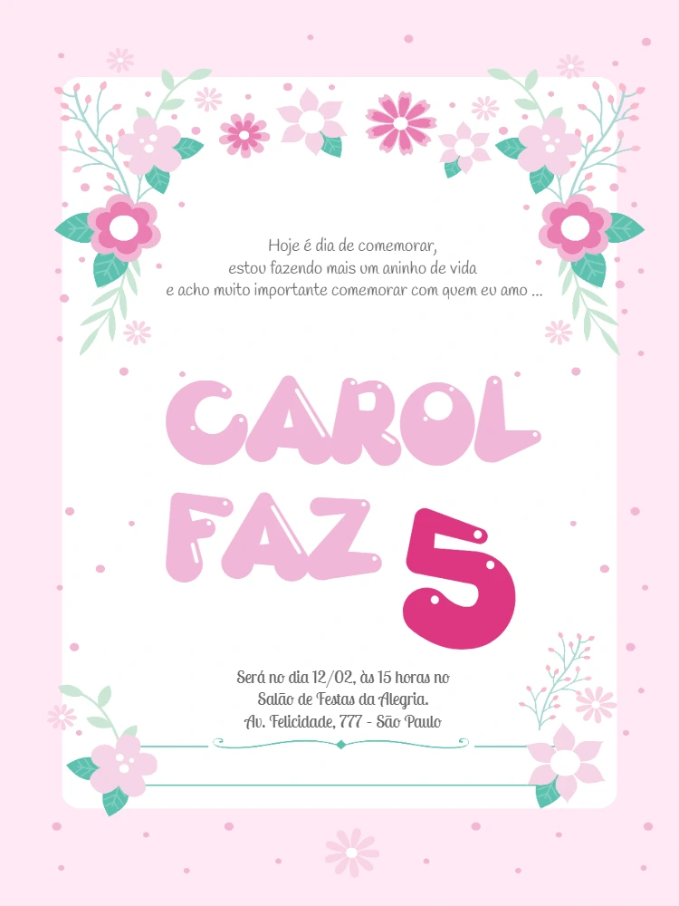 Convite de Aniversário Floral Rosa para Editar Online