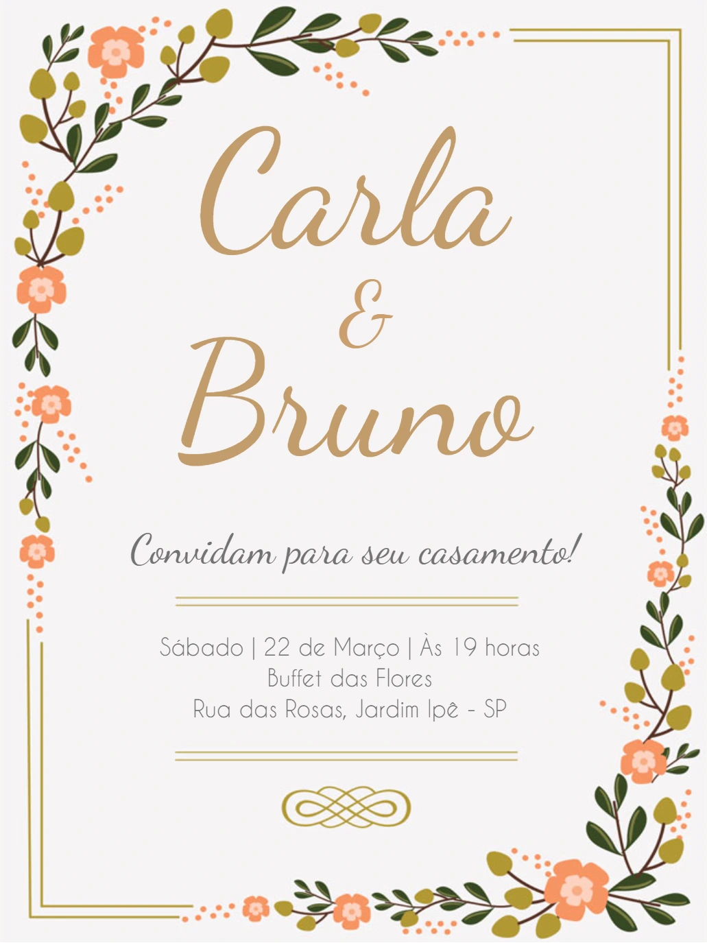 Convite de Casamento Floral Romântico para Editar Online