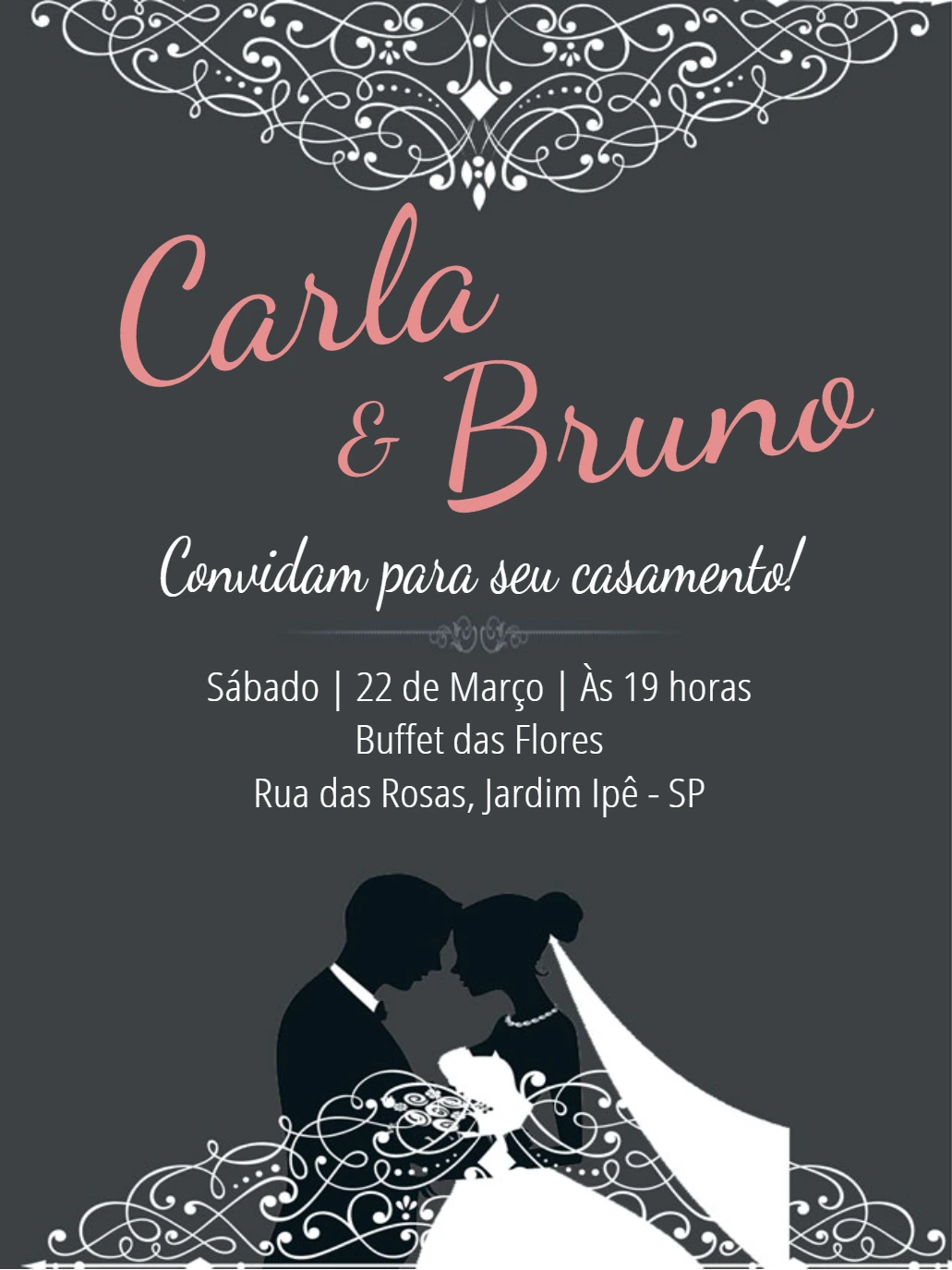 Convite de Casamento com Silhueta e Renda para Editar Online