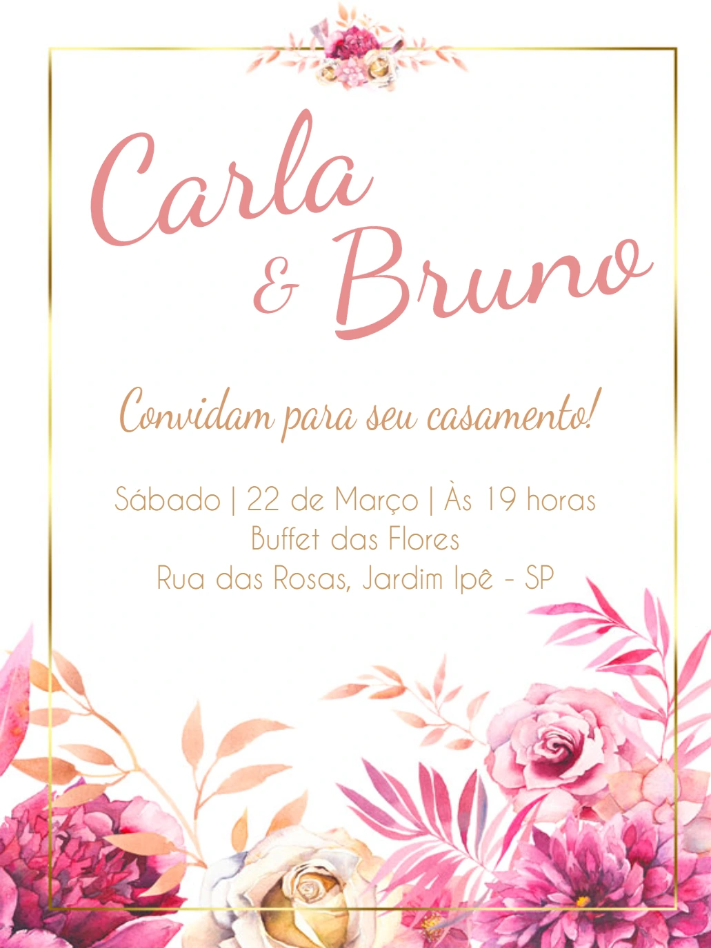 Convite de Casamento Floral Rosa e Dourado para Editar Online