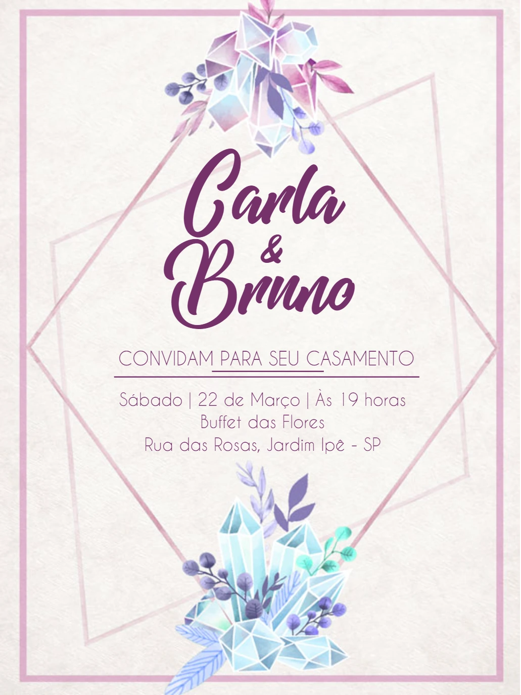 Convite de Casamento Cristais Lilás para Editar Online