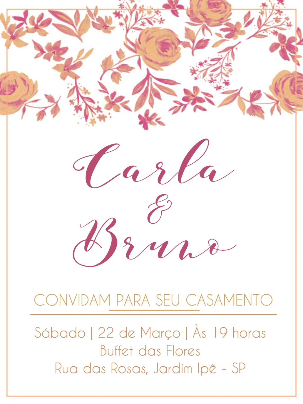 Convite de Casamento Floral Rosé e Dourado para Editar