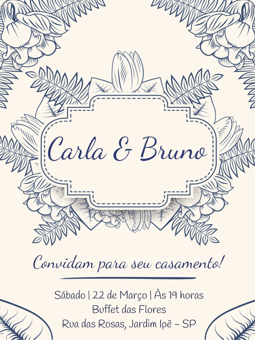 Convite de Casamento Folhagem Azul Marinho para Editar