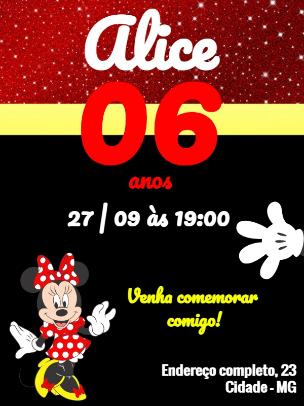Convite Aniversário Minnie Vermelha para Editar Online
