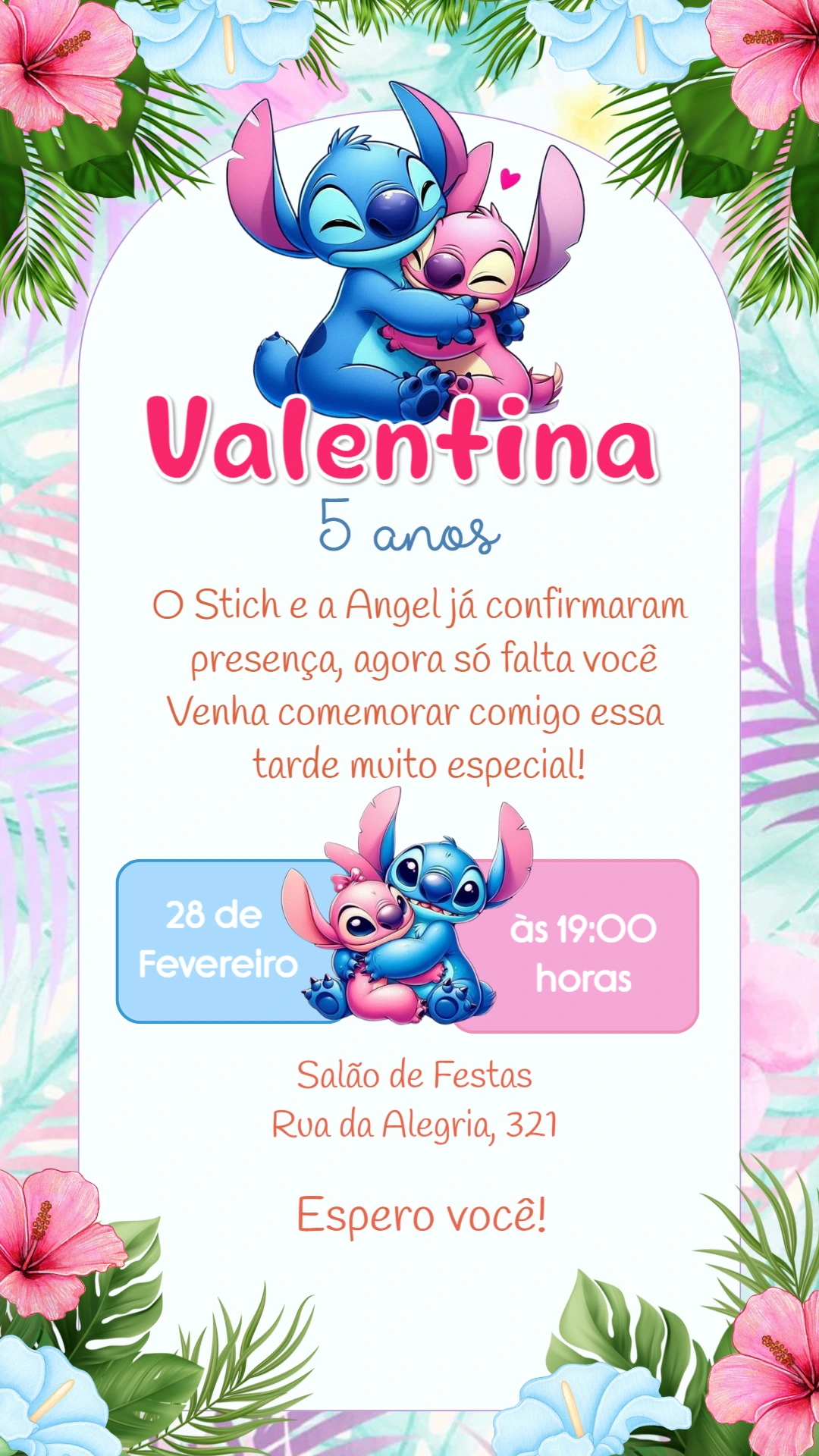 Convite de Aniversário Stitch e Angel para Editar Online