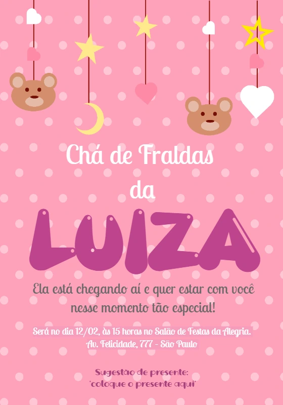 Convite Chá de Fraldas Ursinha Rosa para Editar Online