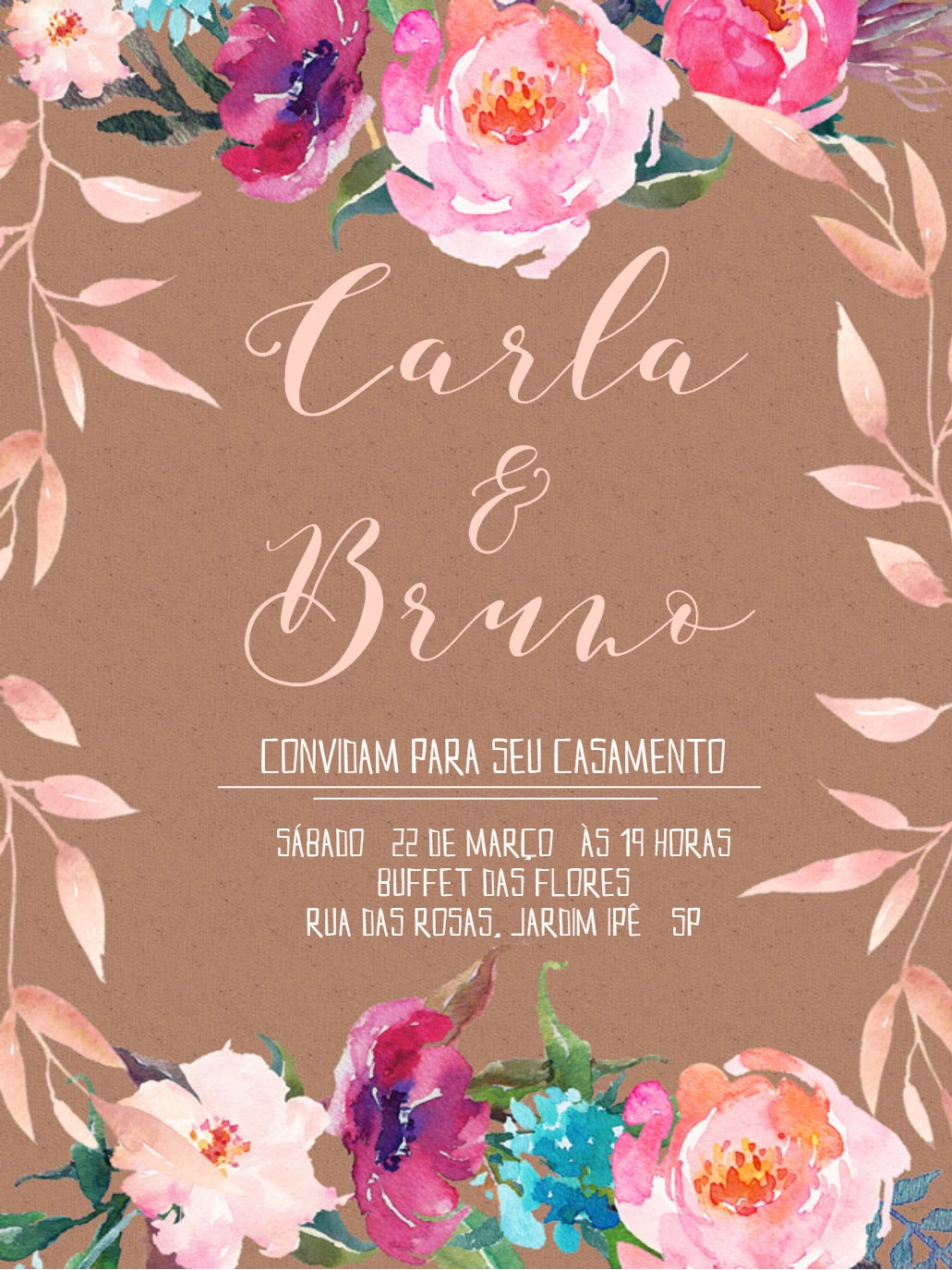 Convite de Casamento Floral Rústico para Editar Online