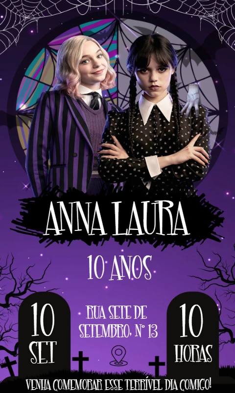 Convite Aniversário Wandinha e Enid para Editar Online