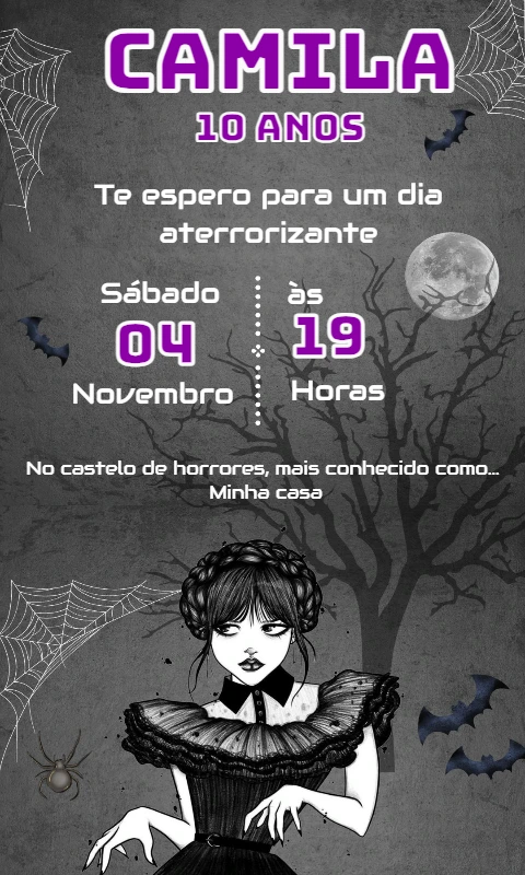 Convite de Aniversário Wandinha Addams Editável Online