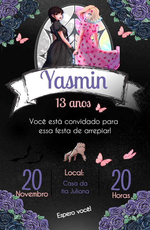 Convite de Aniversário Wandinha e Enid Editável Online