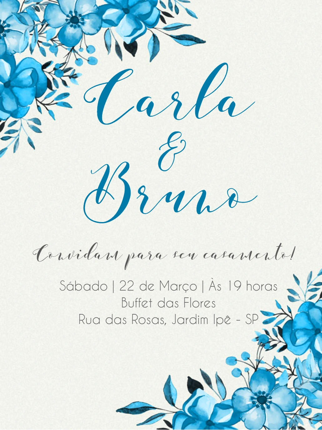 Convite de Casamento Floral Azul para Editar Online