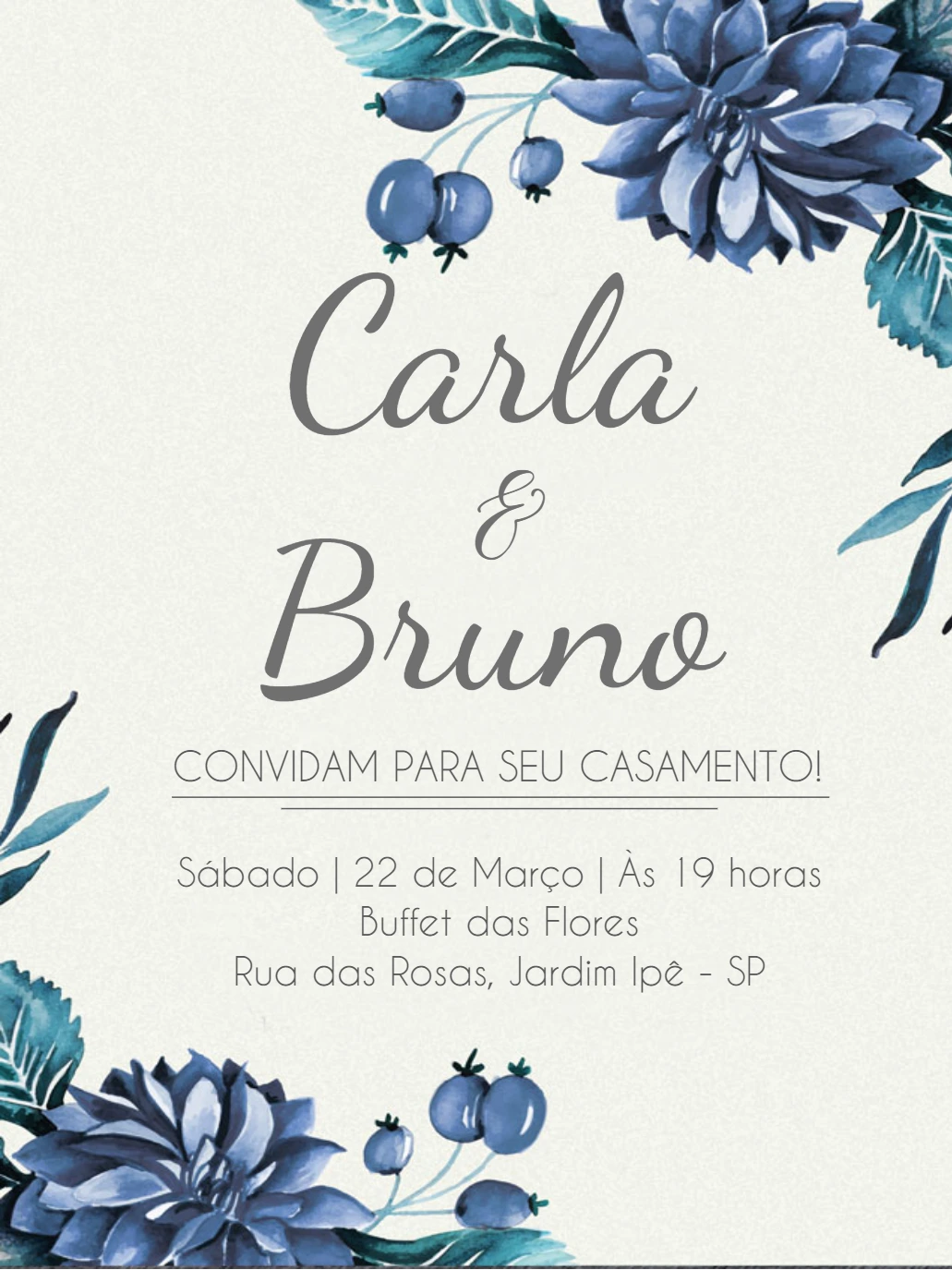 Convite de Casamento Floral Azul para Editar Online
