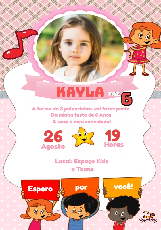 Convite Aniversário Três Palavrinhas com Foto para Editar Online