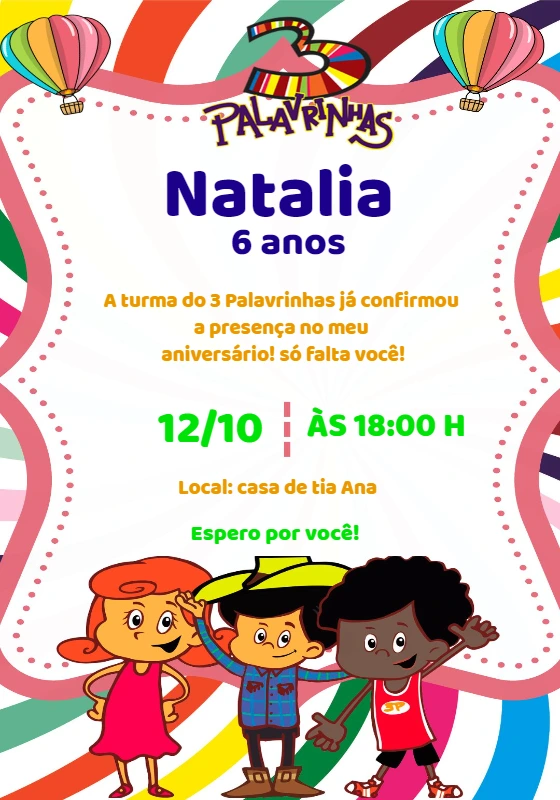 Convite 3 Palavrinhas Aniversário Infantil para Editar Online