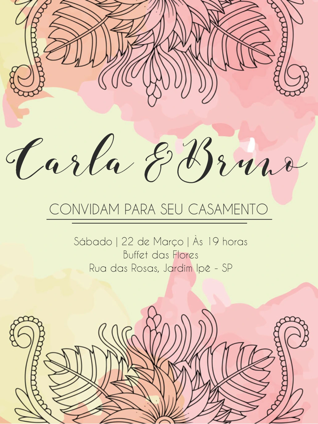 Convite de Casamento Aquarela Floral para Editar Online
