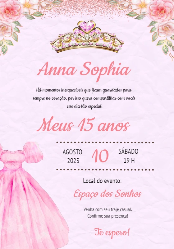 Convite de 15 Anos Princesa Rosa e Dourado para Editar