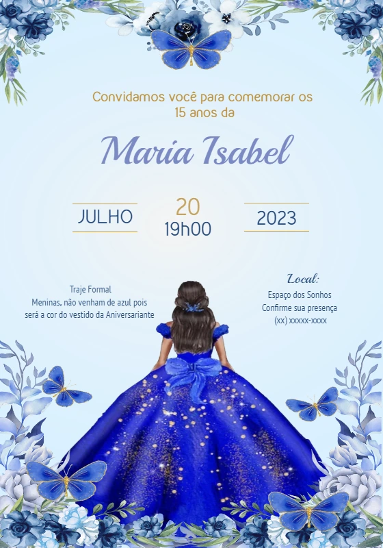 Convite 15 Anos Floral Azul com Borboletas para Editar Online