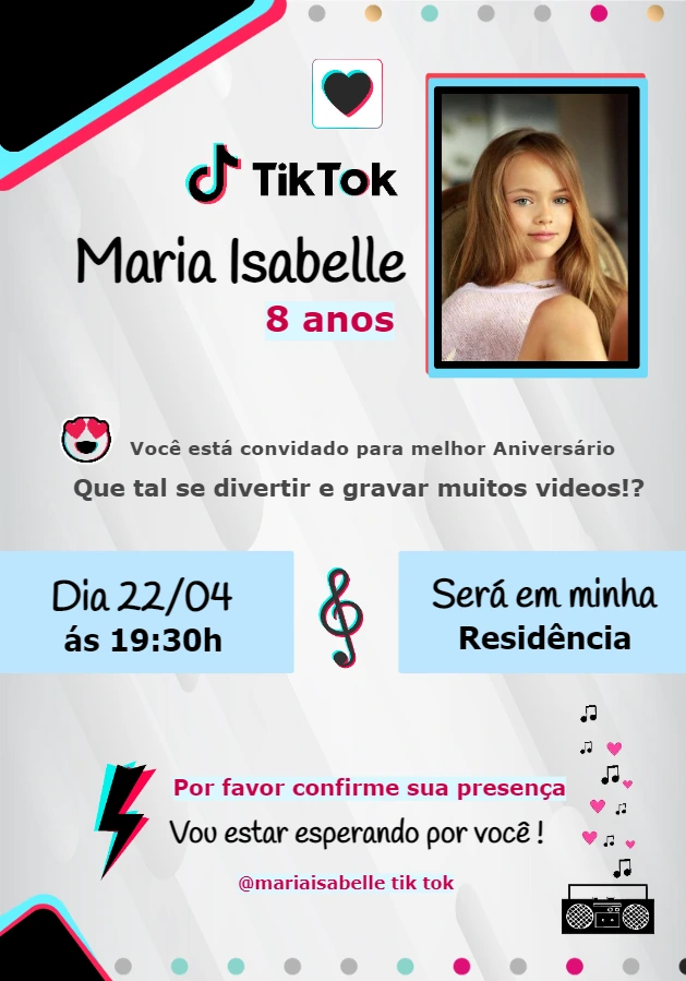 Convite Aniversário TikTok com Foto para Editar Online