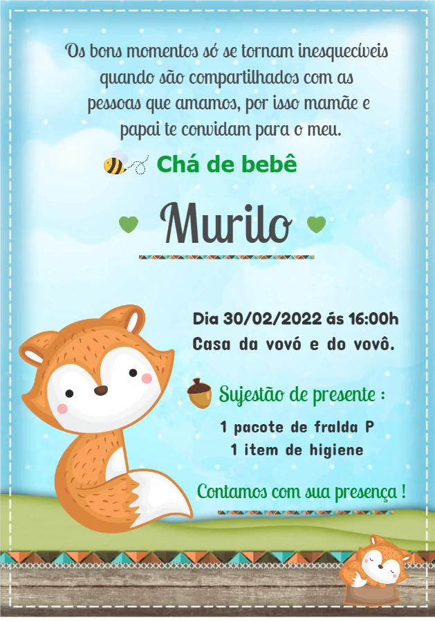 Convite Chá de Bebê Raposinha Menino para Editar Online