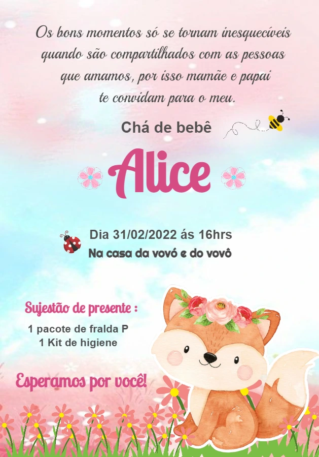 Convite Chá de Bebê Raposinha Fofa para Editar Online