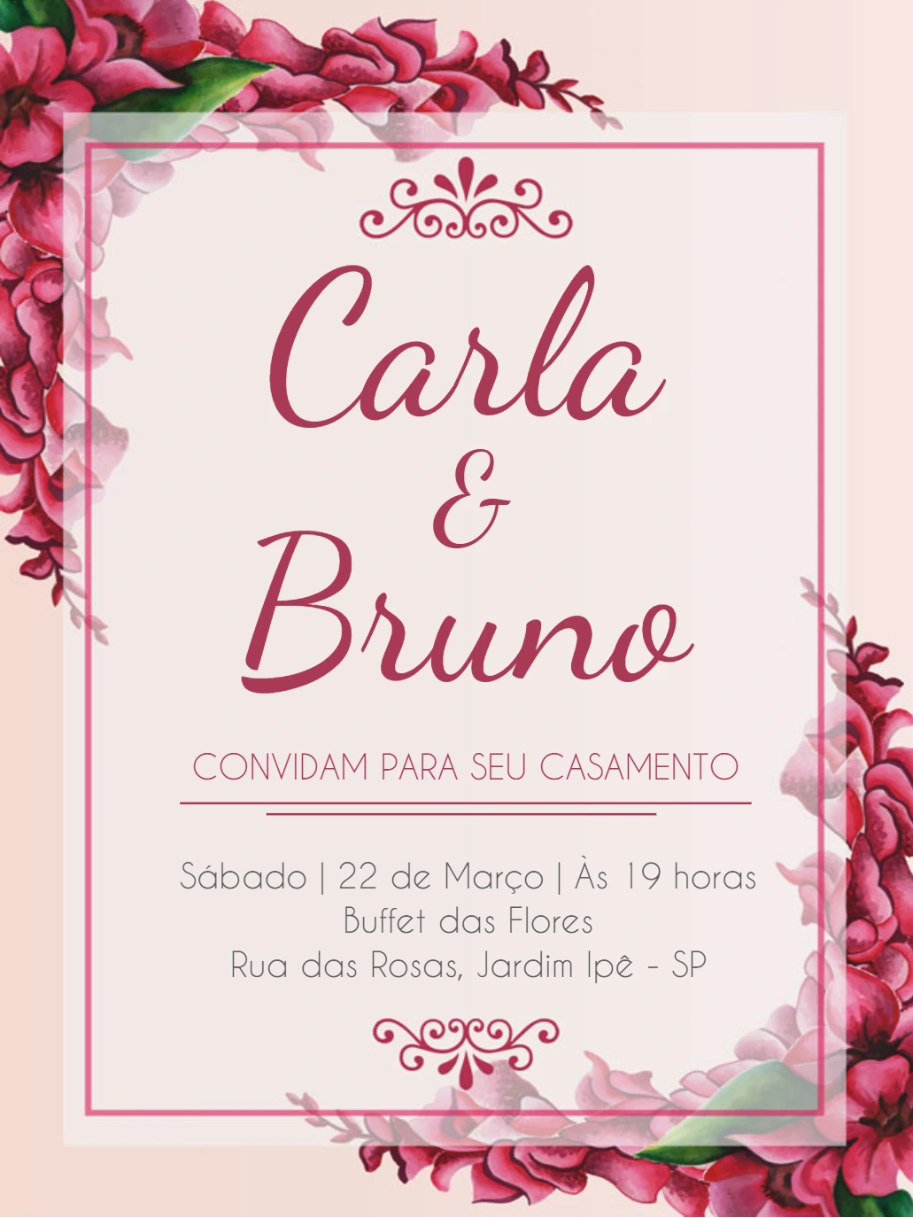 Convite de Casamento Floral Magenta e Rosa para Editar Online
