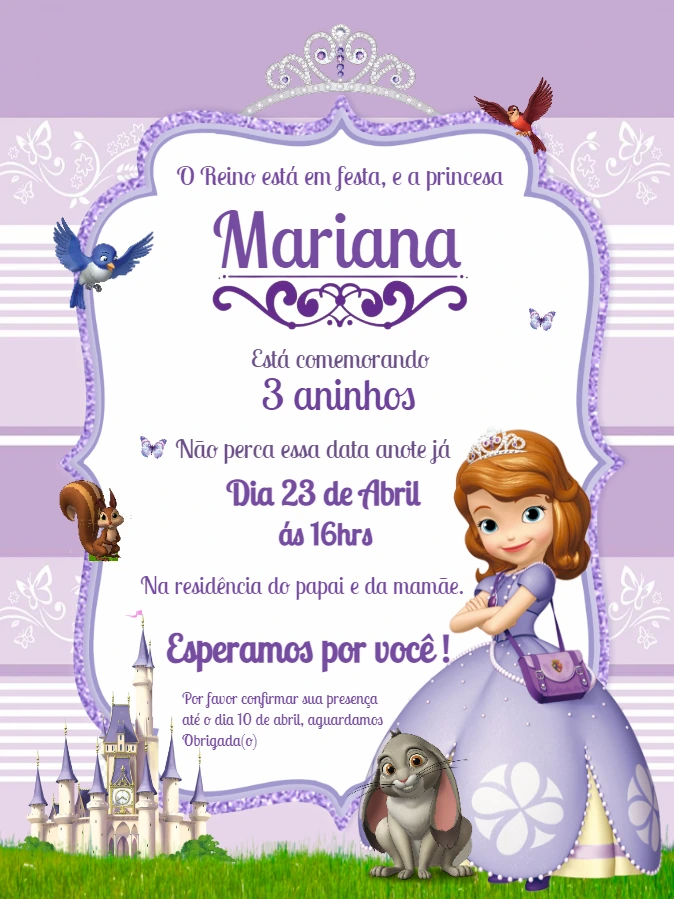 Convite Aniversário Princesa Sofia para Editar Online