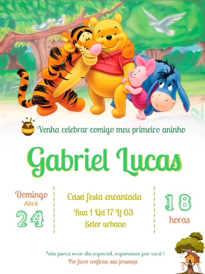 Convite Aniversário Ursinho Pooh e Amigos para Editar
