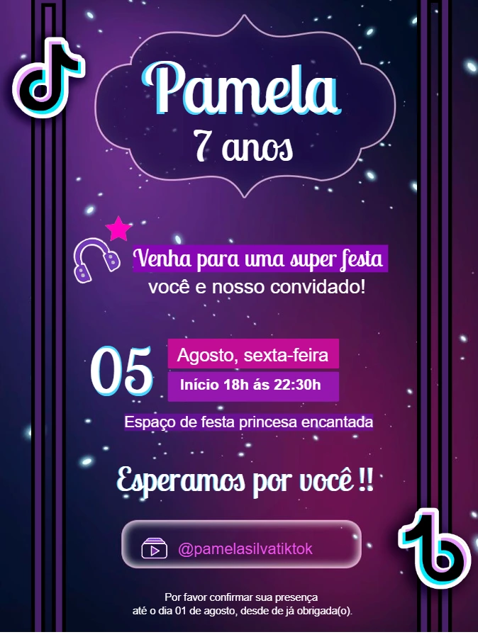 Convite de Aniversário TikTok Neon para Editar e Enviar